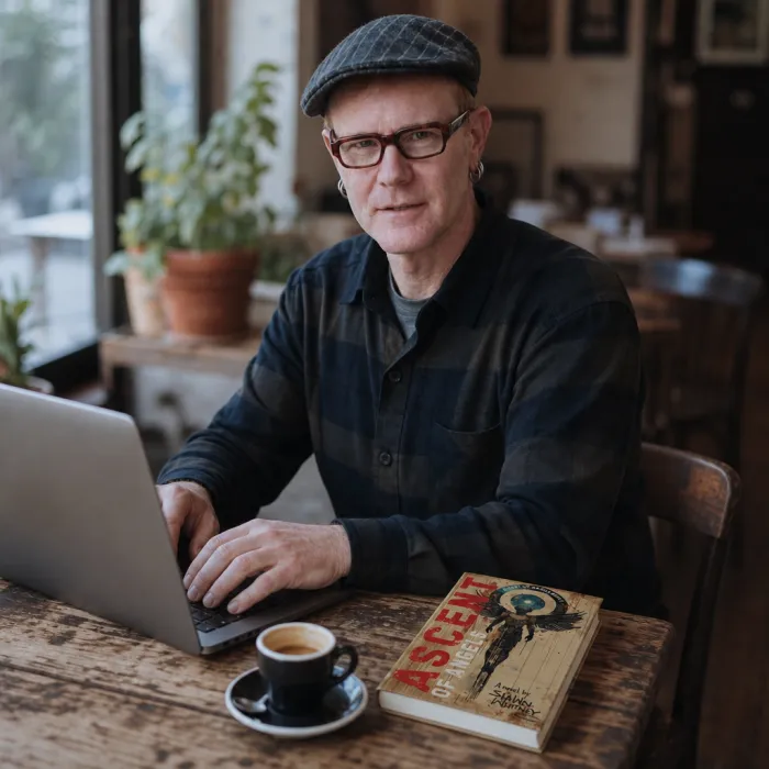 Shawn Whitney writing in a caf&eacute;